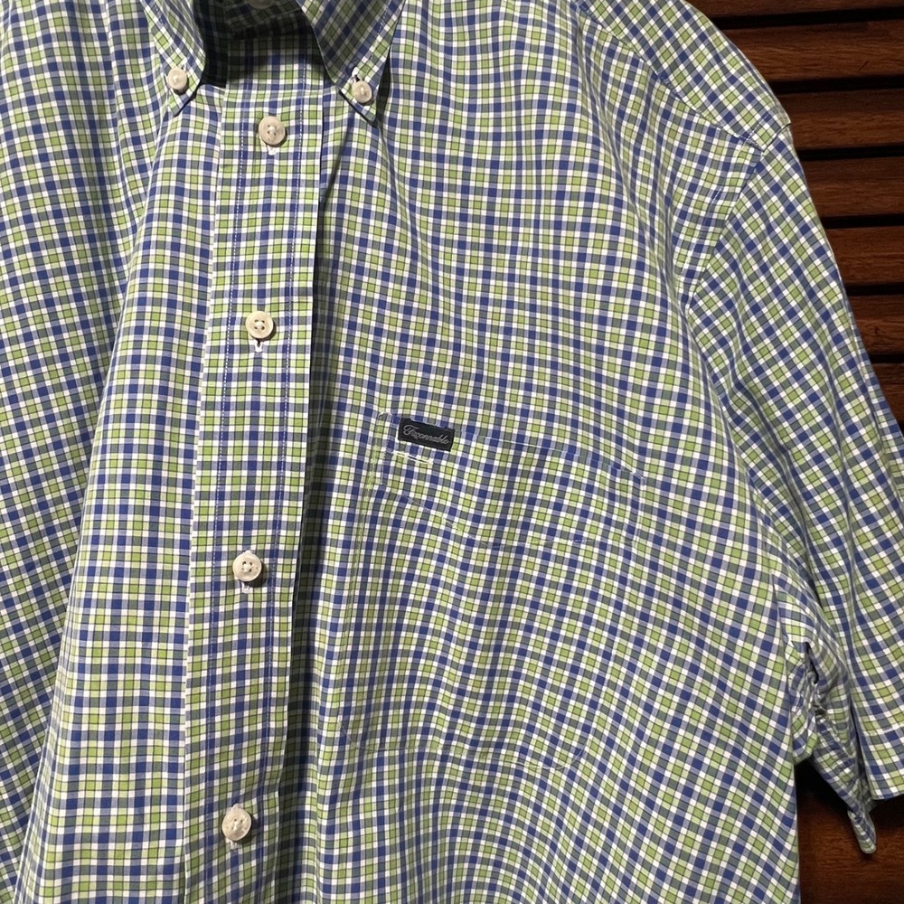 Faconnable Mens Large Green Blue Plaid Short Sleeve Button Down Shirt USA Made - Picture 3 of 10